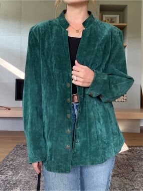 Vintage 100% leather Suede Button-Front Jacket in jewelled green  XL